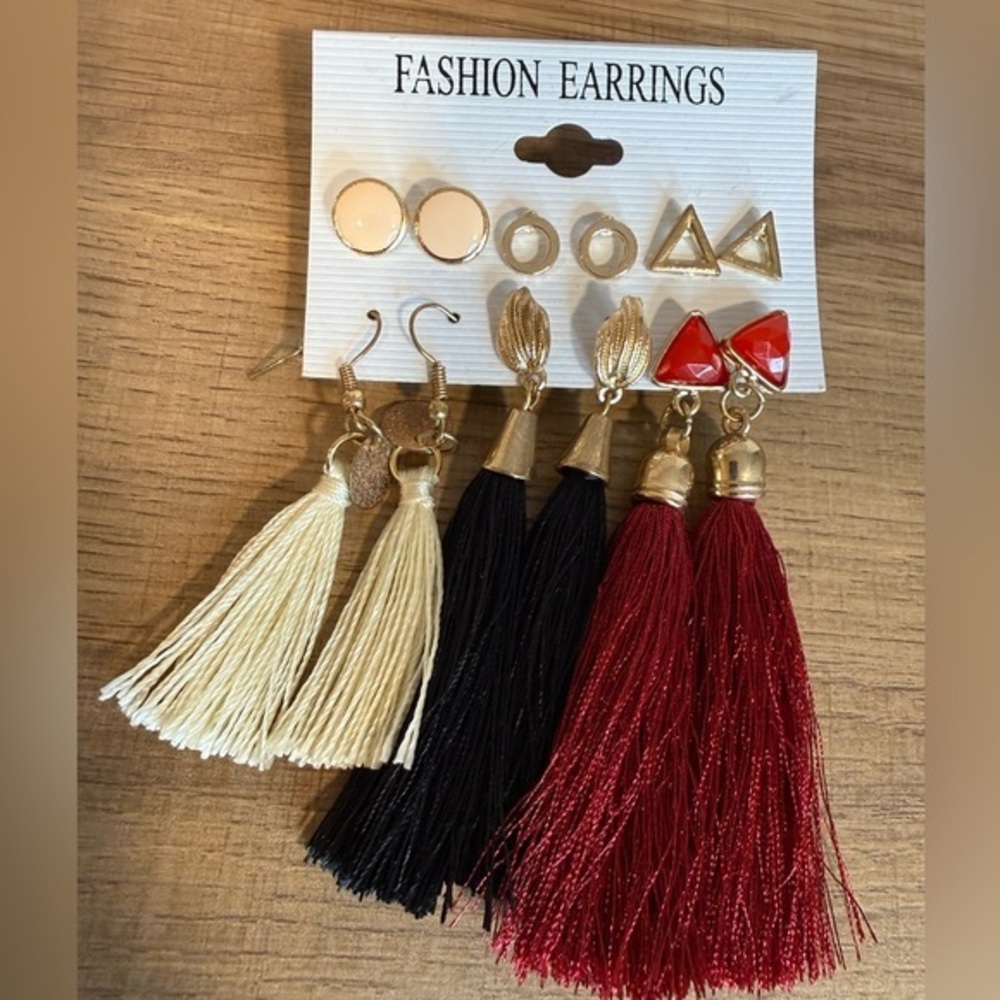 Gold Fashion Earrings Set - Studs & Tassel Dangles Red Black Cream (6 Pair)
